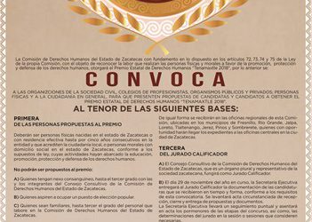 CDHEZ CONVOCA AL PREMIO ESTATAL DE DERECHOS HUMANOS “TENAMAXTLE 2018”