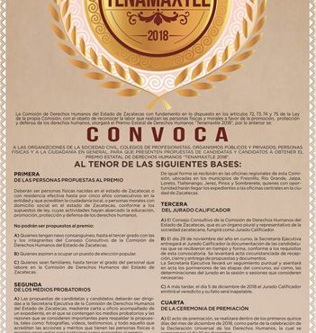 CDHEZ CONVOCA AL PREMIO ESTATAL DE DERECHOS HUMANOS “TENAMAXTLE 2018”