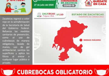 ACUMULA ZACATECAS 2391 CASOS POSITIVOS DE COVID-19, AL REGISTRAR 34 NUEVOS CONTAGIOS