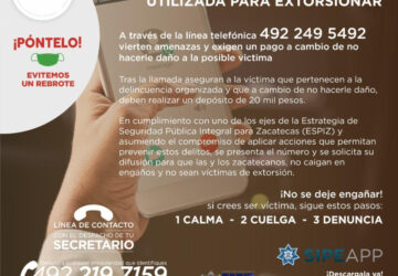 ALERTA SSP SOBRE LÍNEA TELEFÓNICA UTILIZADA PARA EXTORSIONAR; SOLICITAN DEPÓSITO DE 20 MIL PESOS